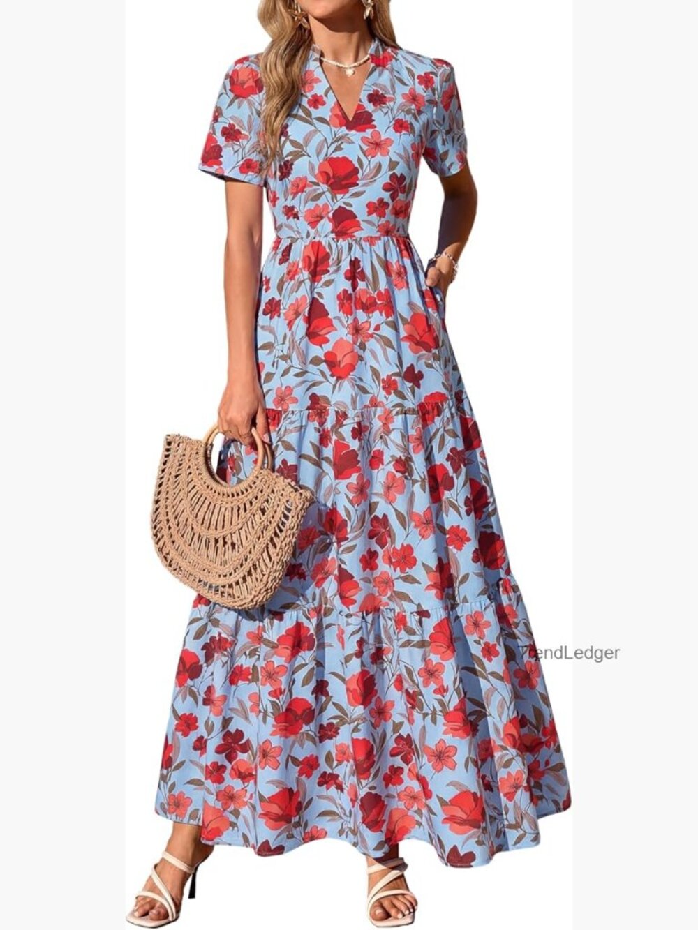 Flowy Boho Maxi Dress with Pockets, Short Sleeve V-Neck